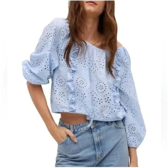 JOIE Ruffle Embroidered Drawstring Hem Blouse Blue Puff Sleeve Cotton Womens XS - Picture 9 of 9